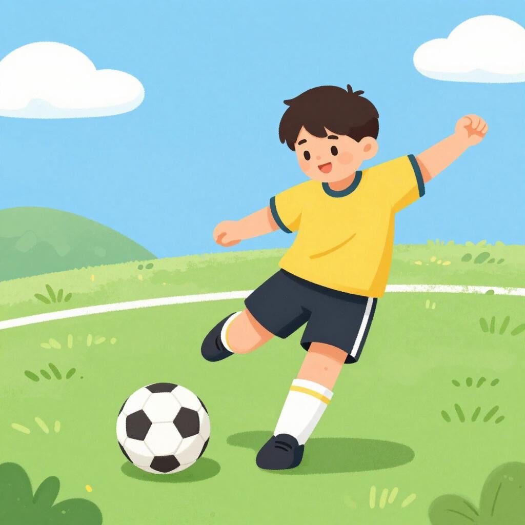 Ein Fußballspieler in einer bunten Uniform schießt einen Fußball auf einem grünen Feld.