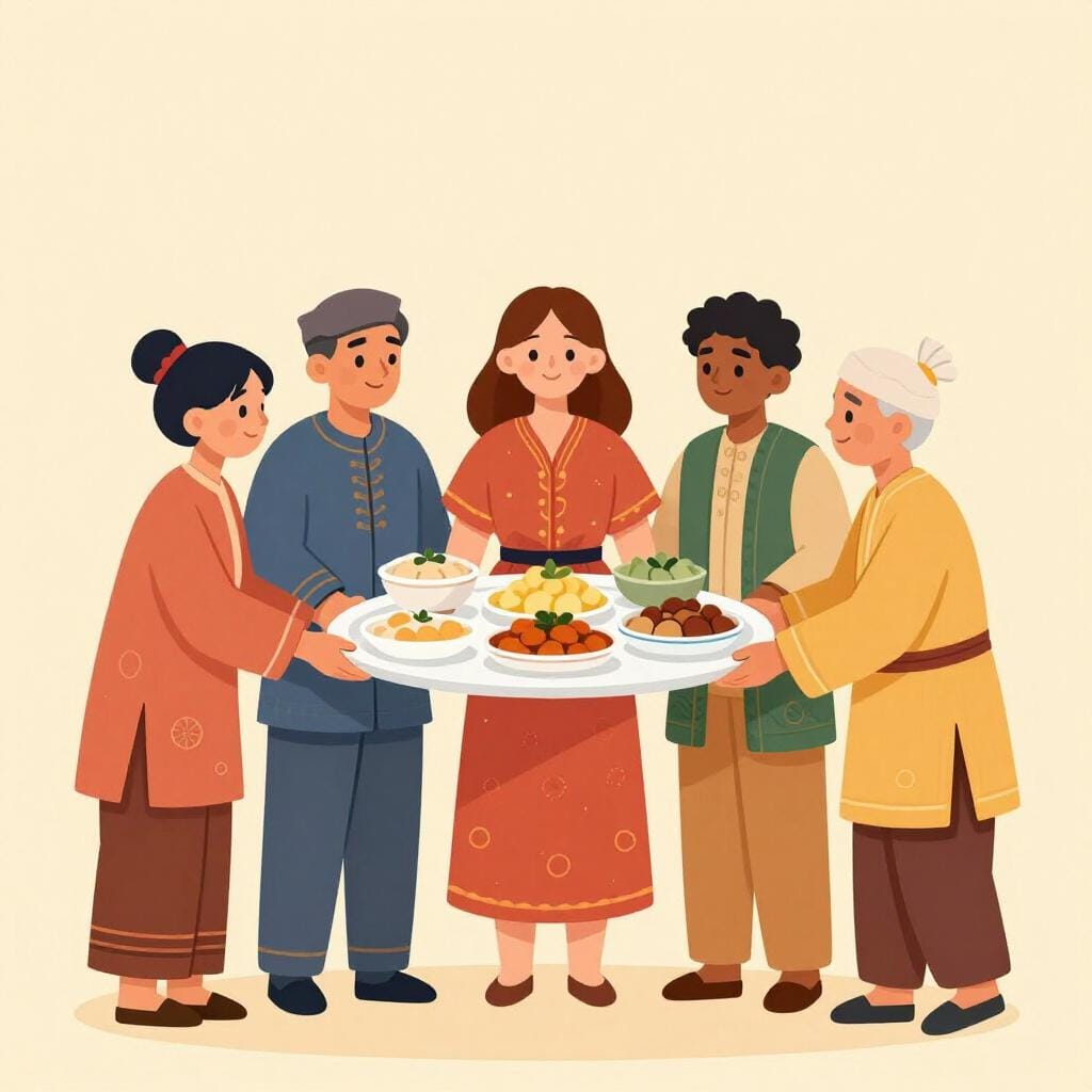 A vibrant group of people from diverse backgrounds sharing traditional food and wearing colorful traditional clothing around a large table.