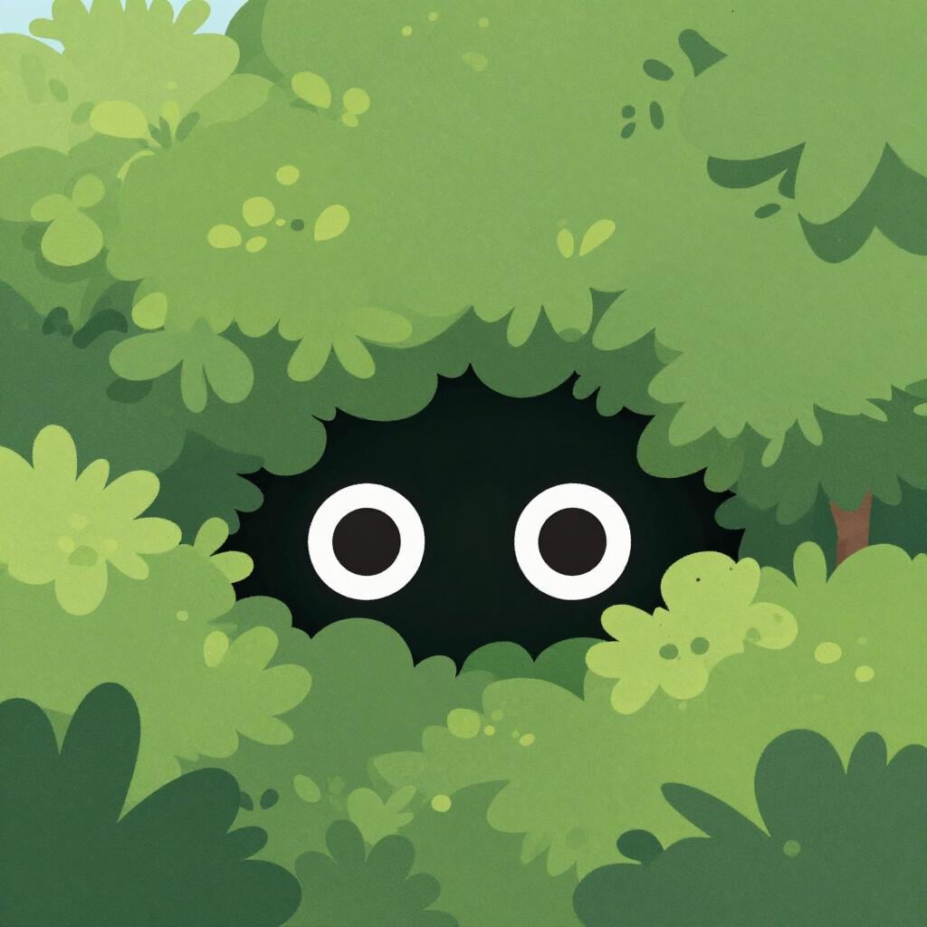 A pair of glowing eyes peering out from the dark shadows of a dense green bush.