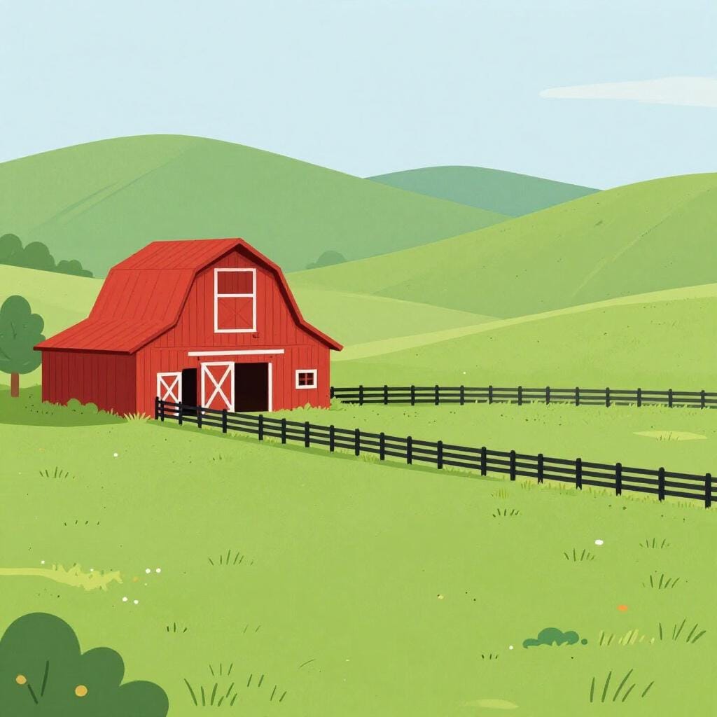 Un grande fienile rustico in legno e una recinzione in legno che circonda un ampio campo erboso.