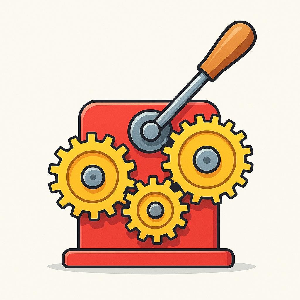 Eine stilisierte Illustration eines mechanischen Geräts, rot und gelb gestrichen, mit großen, sichtbaren ineinandergreifenden Zahnrädern und einem markanten Hebel.