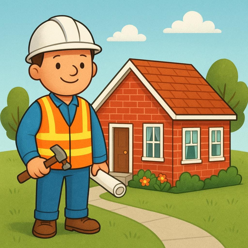 Un operaio edile sorridente accanto a una piccola casa rossa appena completata, simbolo di un progetto di costruzione finito.