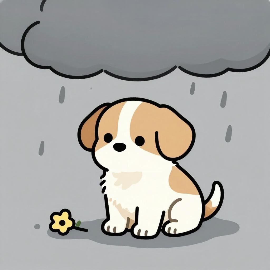 A small, sad puppy sitting alone in the rain with a single drooping flower.