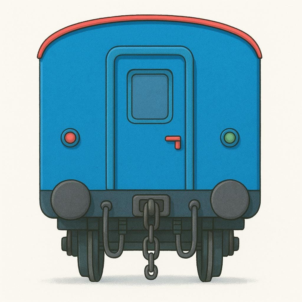 A storybook illustration showing the back end of a blue train car, emphasizing the rear section, which includes the coupling mechanism.
