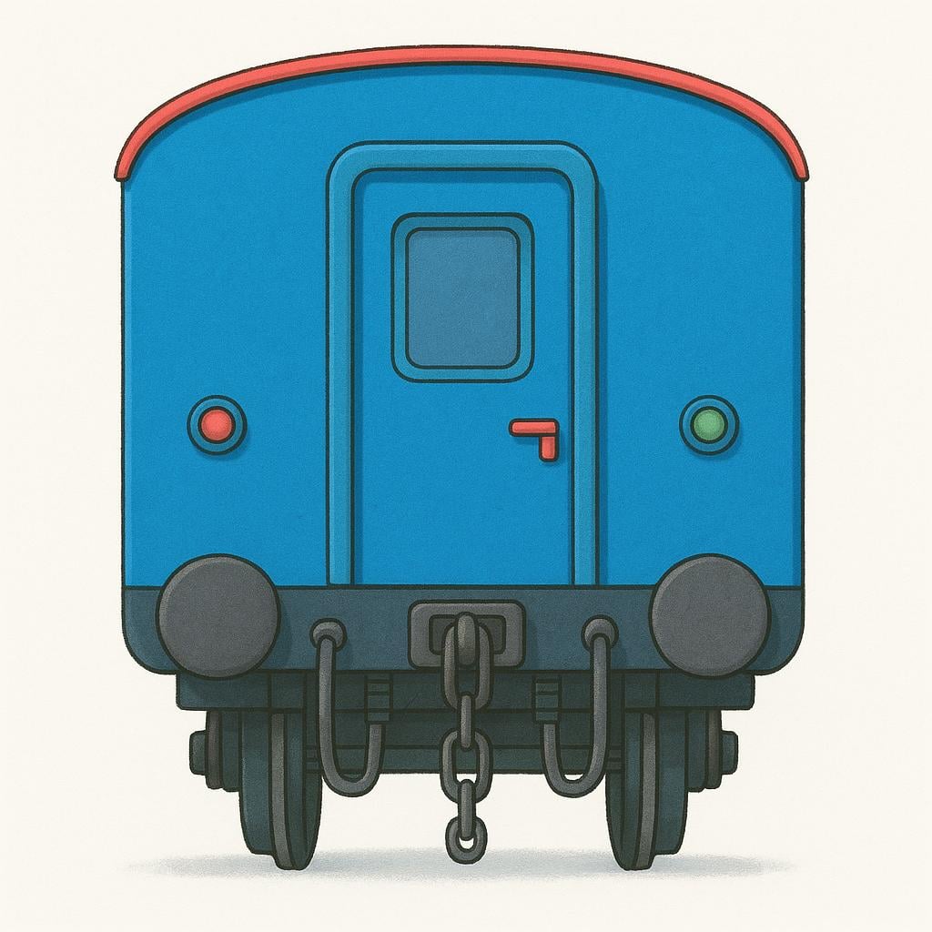 A storybook illustration showing the back end of a blue train car, emphasizing the rear section, which includes the coupling mechanism.