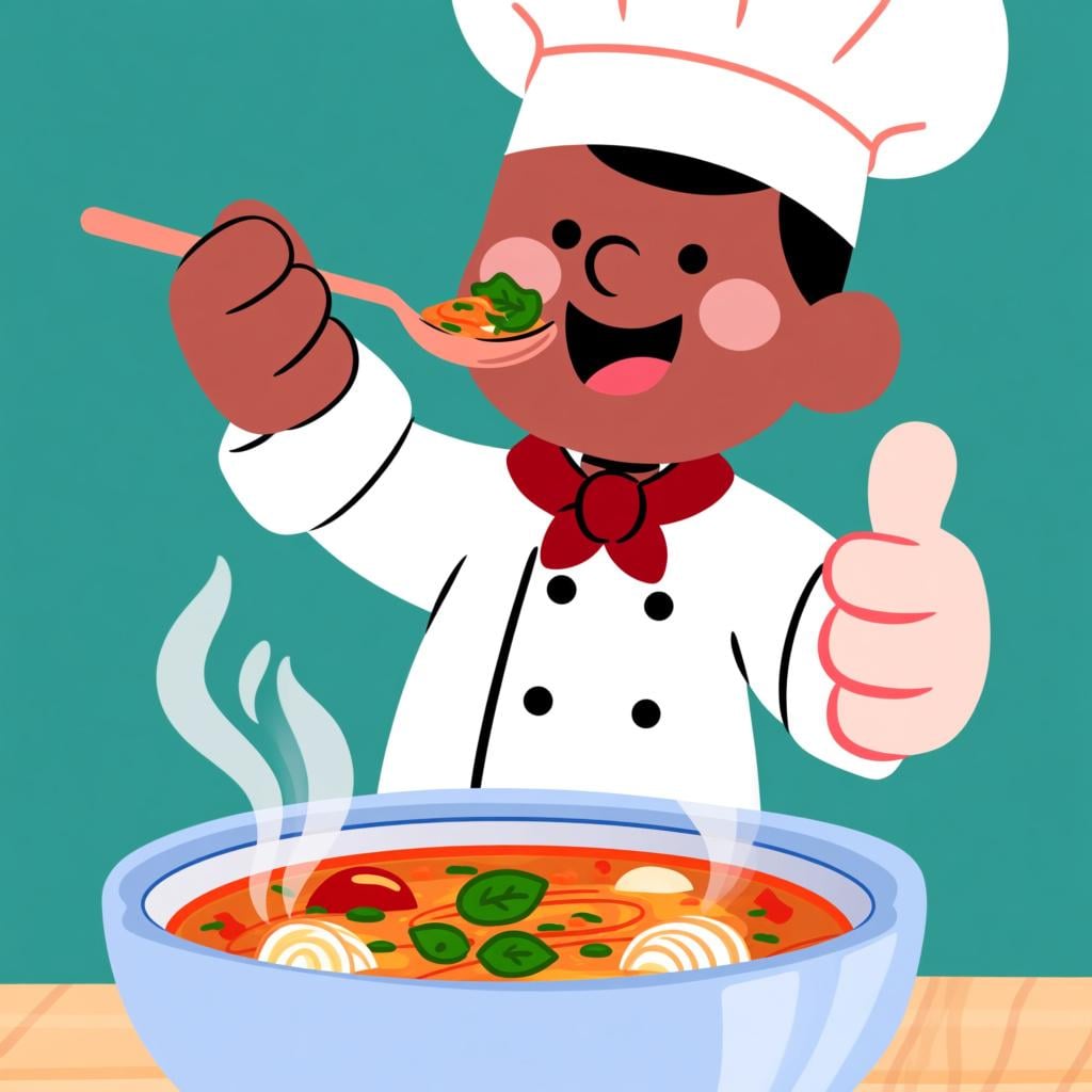 A friendly cartoon chef standing over a steaming bowl of soup, tasting it with a satisfied smile and giving a clear thumbs-up gesture, indicating the food is perfect.