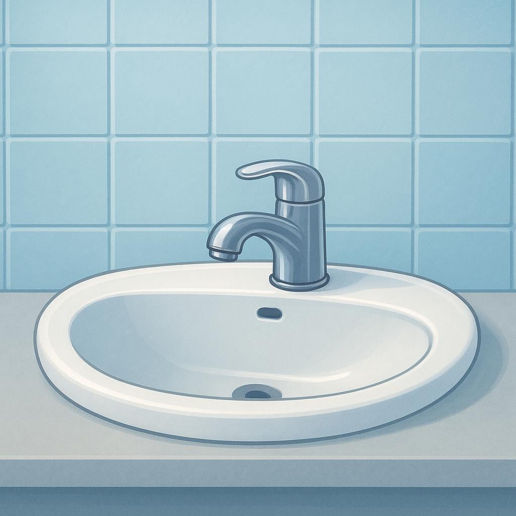A simple illustration showing a clean, brightly lit public restroom setting, featuring a sink and faucet against a tiled wall.