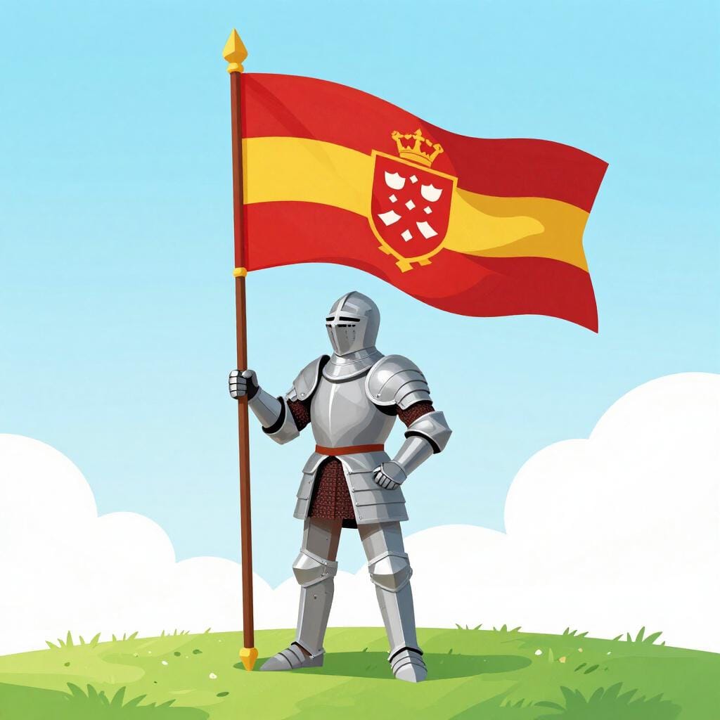 Een middeleeuwse ridder in glimmend harnas, die een grote, kleurrijke vlag met een wapenschild vasthoudt.