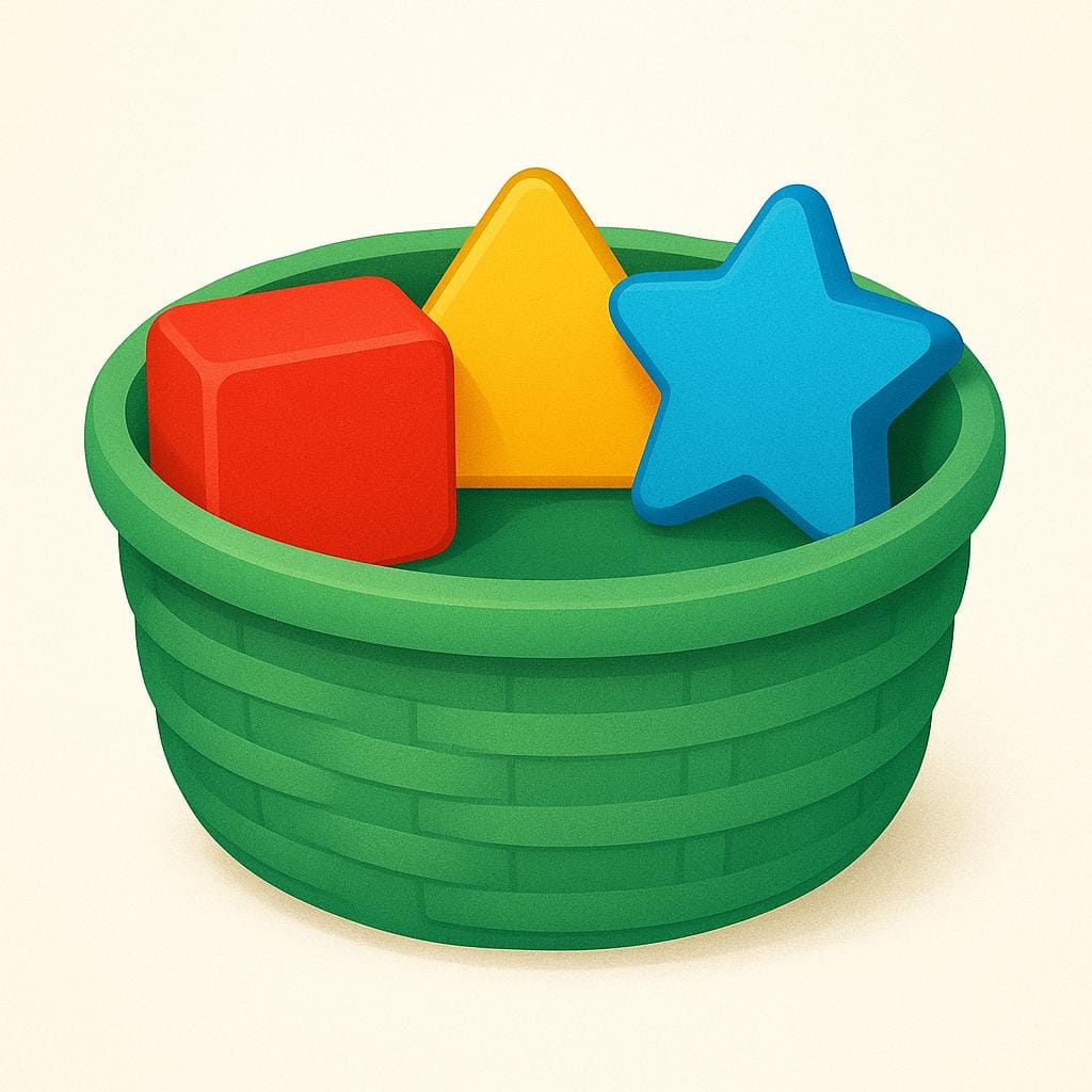 An illustration showing three distinct items—a red square, a yellow triangle, and a blue star—all being contained within a single large, green basket, symbolizing an overall collection.