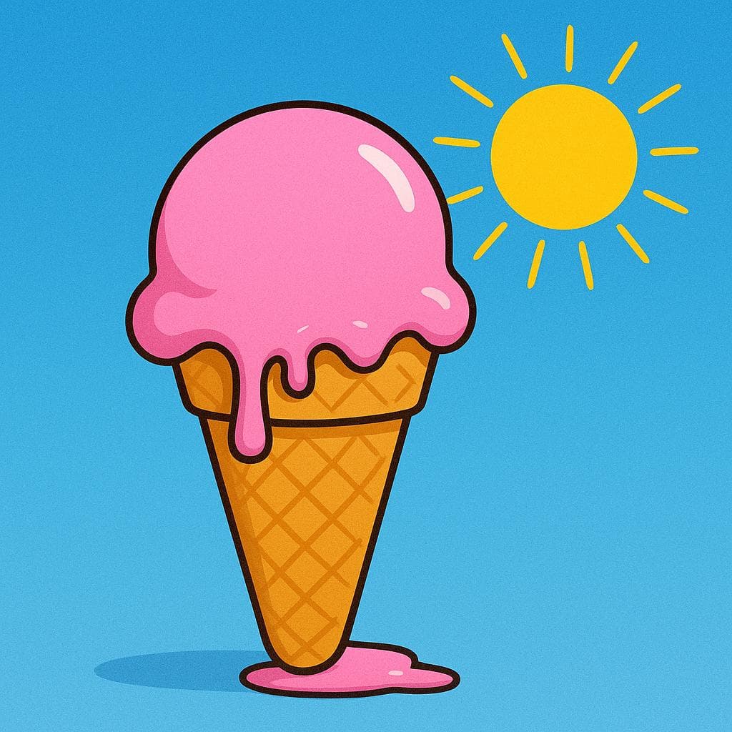 Um sol amarelo brilhante brilhando intensamente em um céu azul acima de um cone de sorvete rosa derretendo no chão, simbolizando o auge do calor do verão.