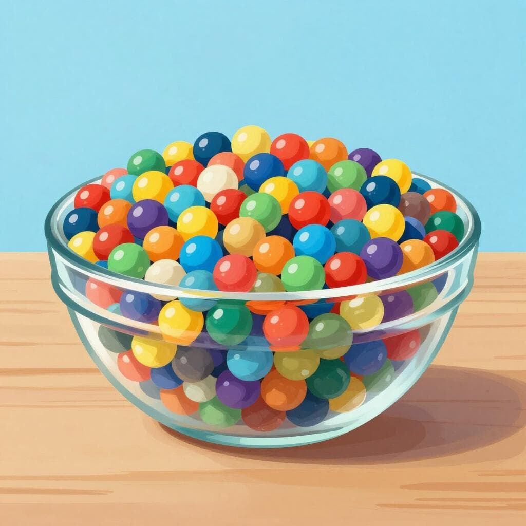 A large collection of three hundred small, colorful marbles gathered in a clear glass bowl.