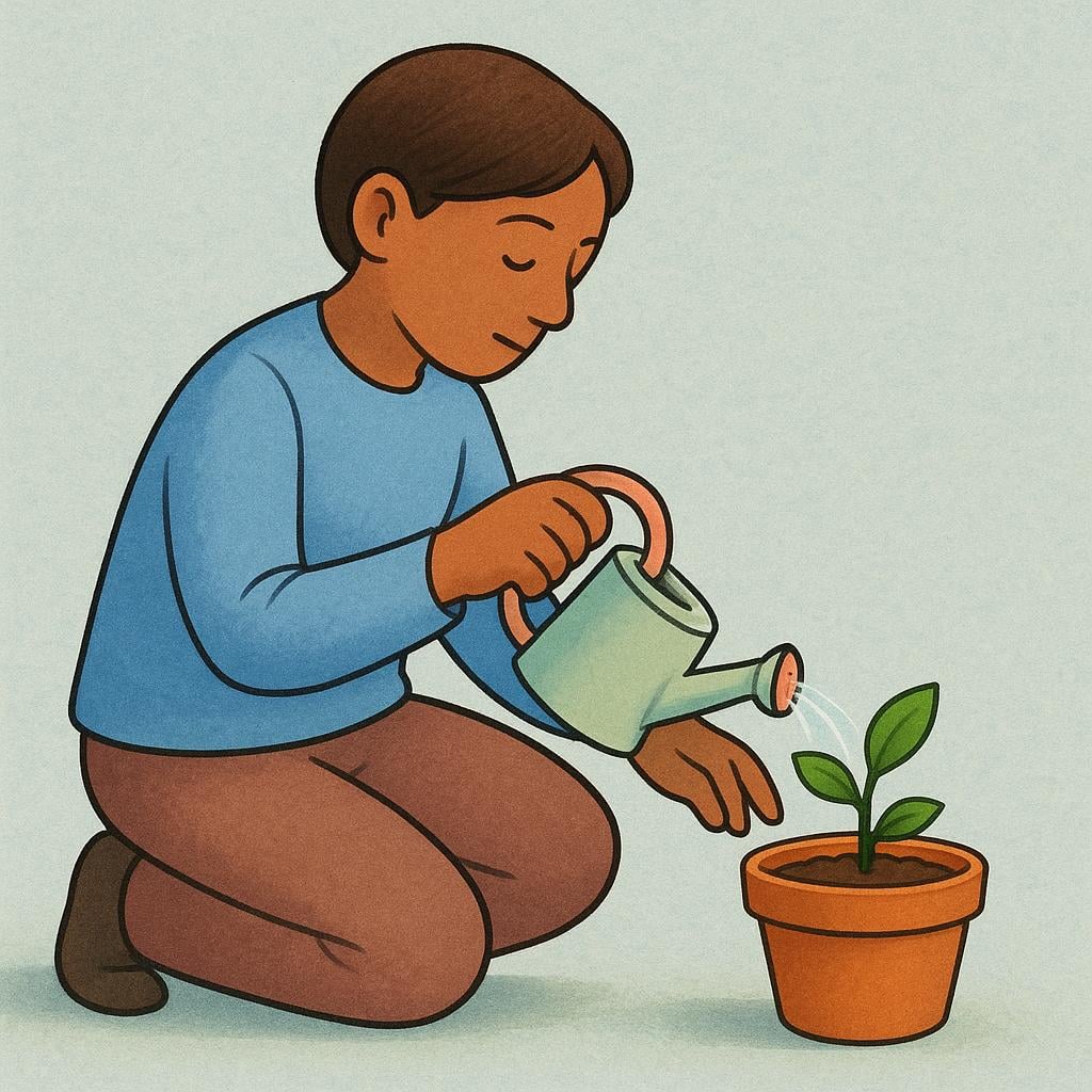 A focused person kneeling down, gently watering a single small green plant in a terracotta pot with a small watering can, symbolizing commitment and devotion.