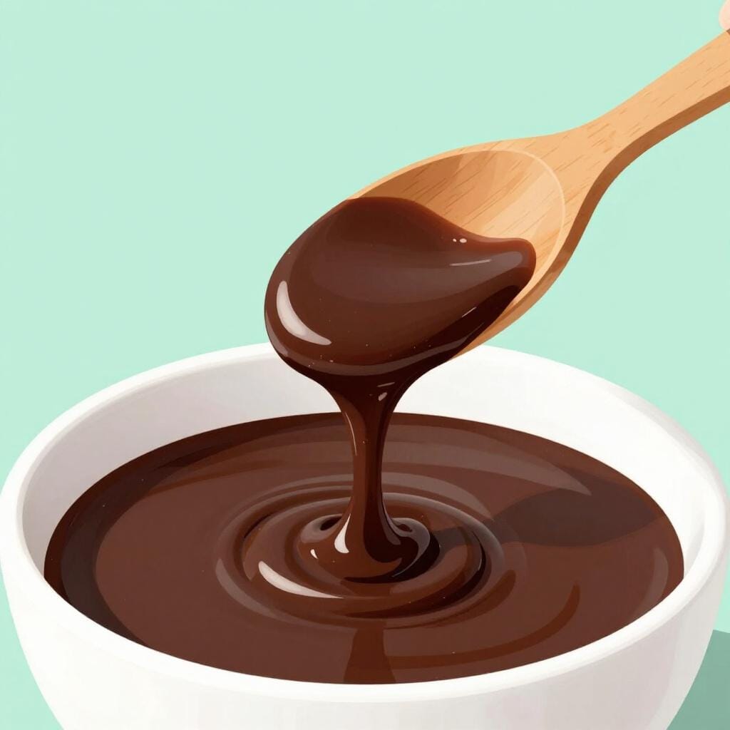 Une cuillère en bois soulevant du sirop de chocolat épais et foncé d'un bol blanc.