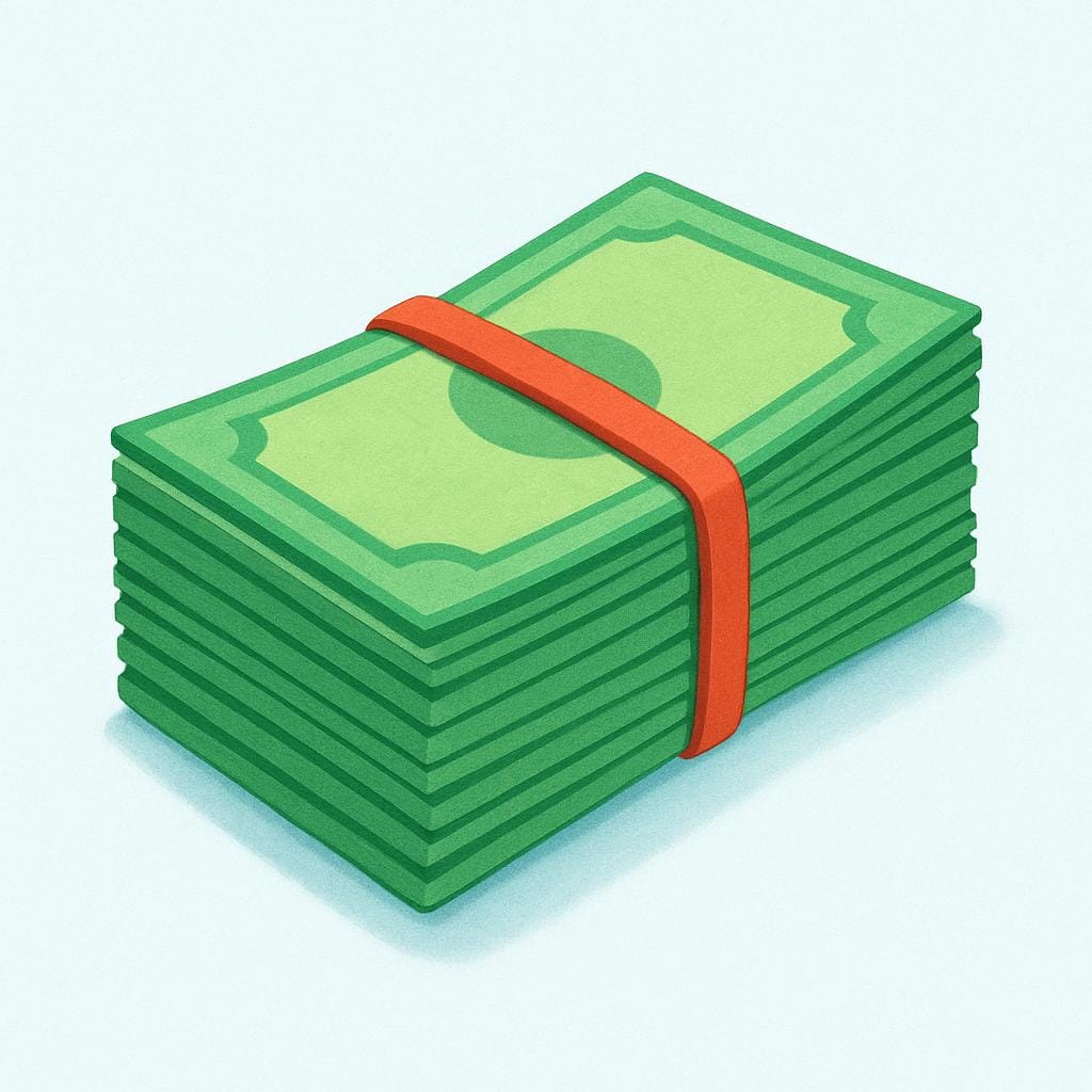 A small stack of green paper currency bills tied together with a red rubber band.