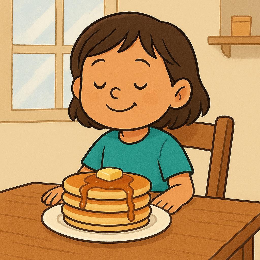 Un enfant heureux assis à table, satisfait d'une pile suffisante de quatre crêpes dans une assiette.