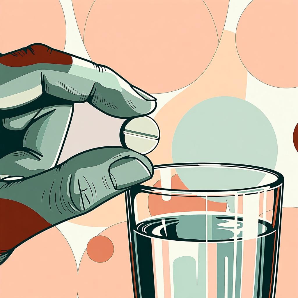 A hand holding a single white round pill next to a clear glass of water, illustrating the action of taking medicine.