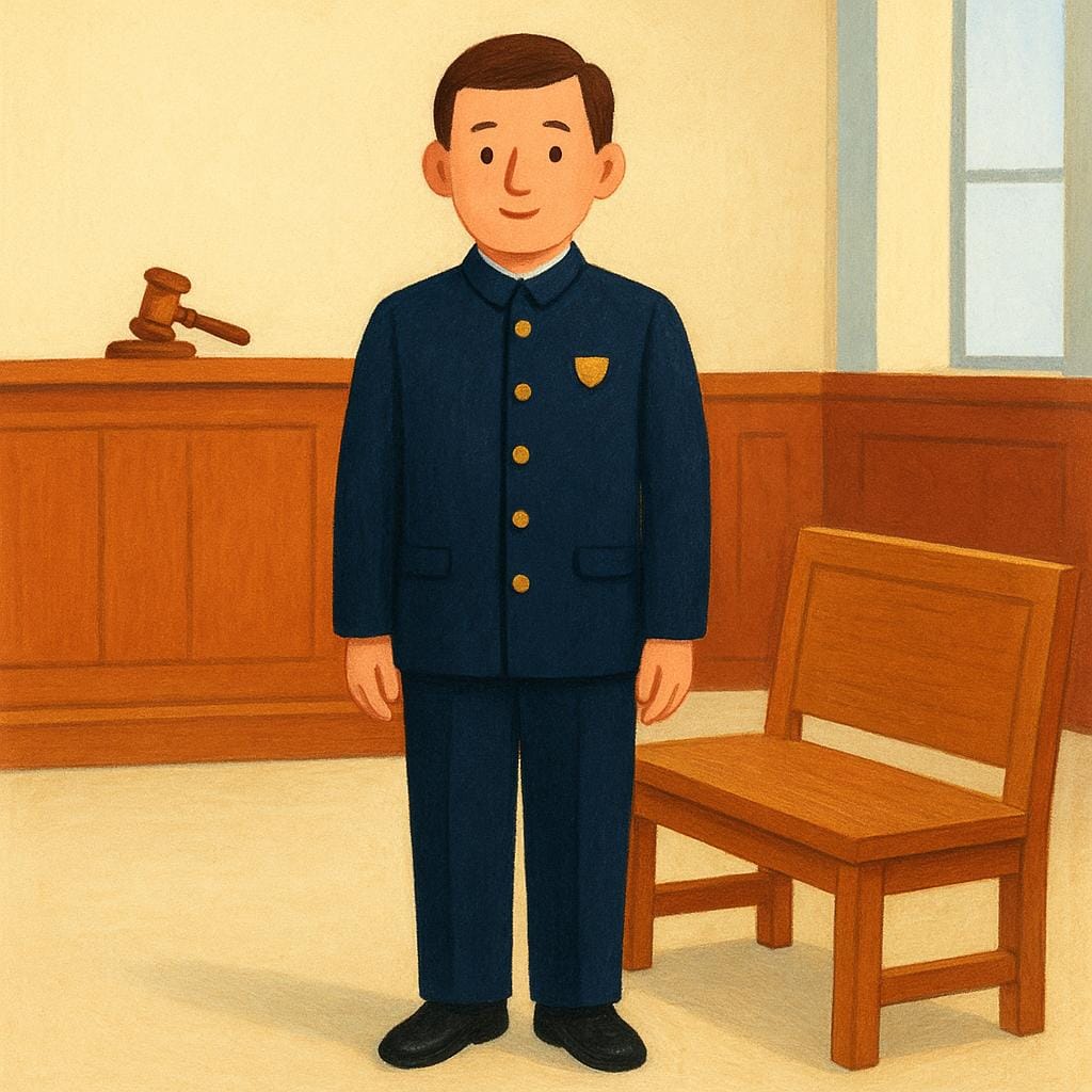 Um oficial de justiça com aparência séria, provavelmente um oficial de justiça, vestindo um uniforme simples dentro de um tribunal de madeira.