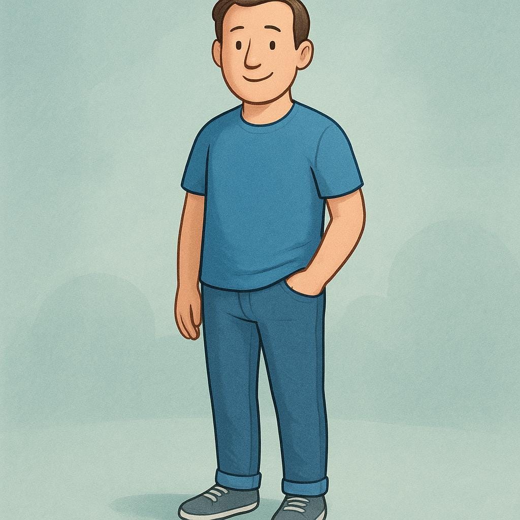 A simple illustration of a casually dressed man with a friendly expression standing and looking forward.