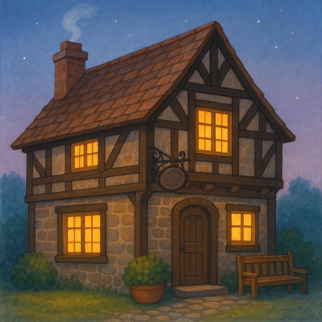 A cozy, traditional pub with a wooden exterior, a hanging sign, and warm light glowing from the windows.