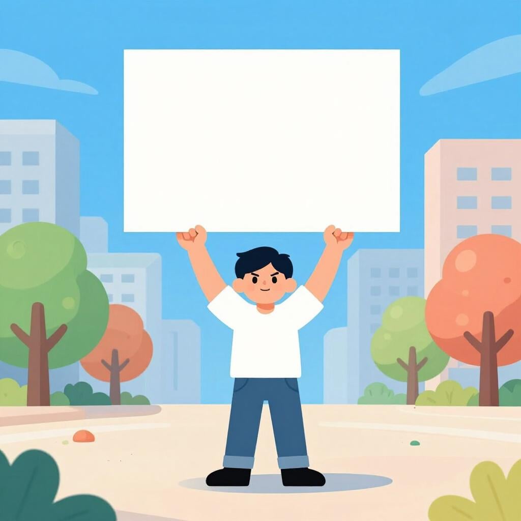 A person standing in a public square holding up a blank rectangular sign with both hands.