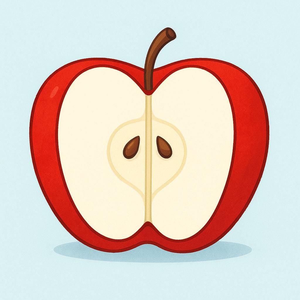 A simple storybook illustration of a bright red apple cut precisely in half, clearly showing the internal white flesh and the small brown seeds in the core.
