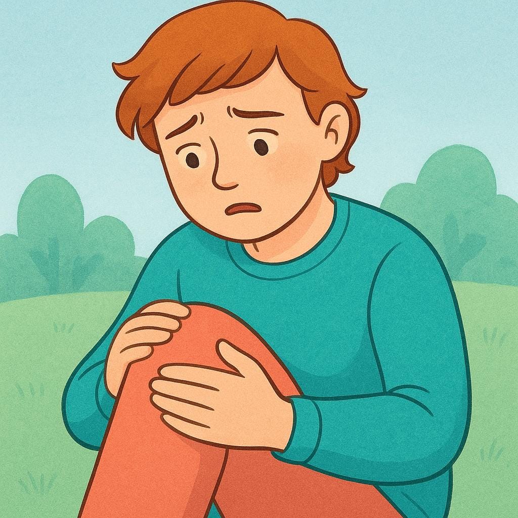 A colorful illustration of a person experiencing physical discomfort, gently touching their knee with a look of mild distress.