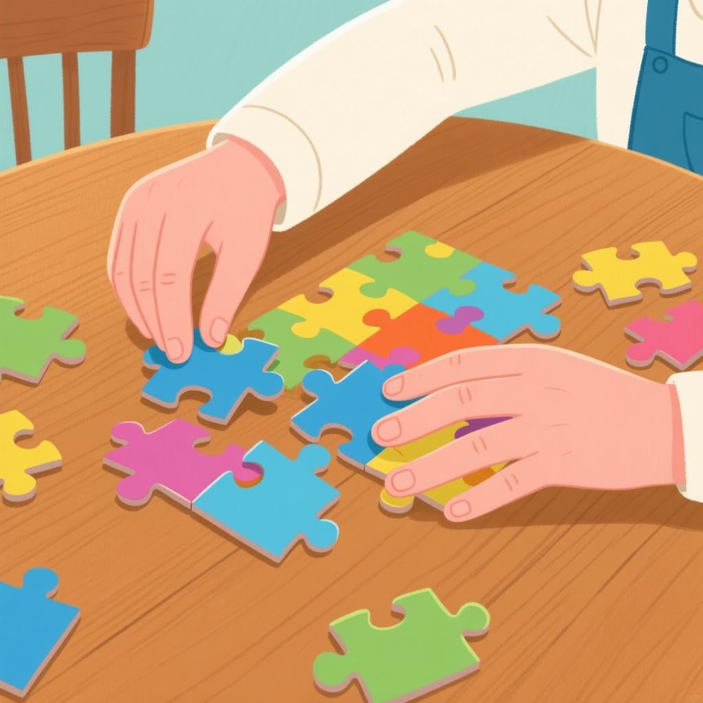 A close-up of a person's hands carefully placing the final piece into a large, colorful jigsaw puzzle on a table.