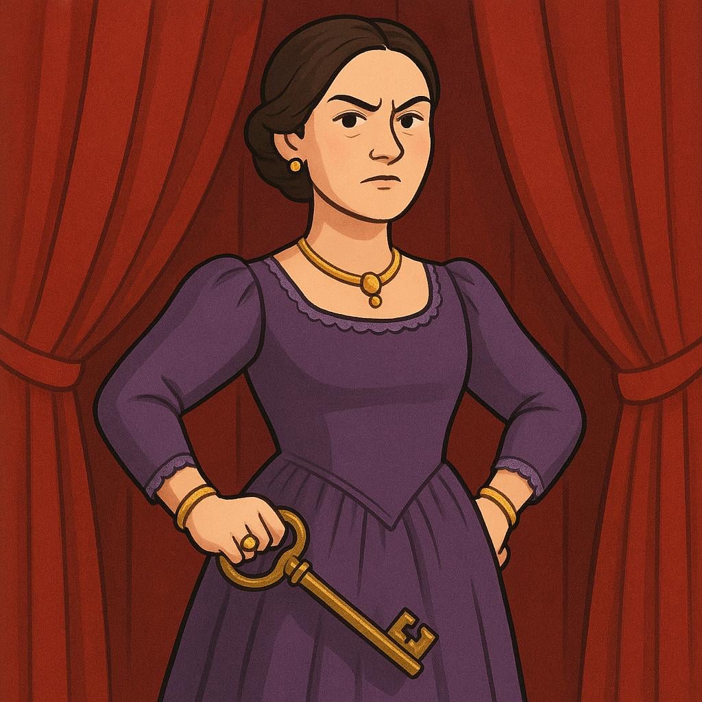 A stern, well-dressed woman in a purple dress and gold jewelry, holding a large antique key while standing confidently in front of a heavy, closed red velvet curtain.