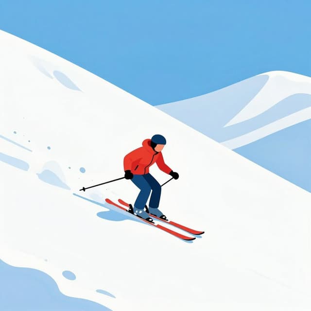 明るい冬用ジャケットとゴーグルを身につけた人が、スキーポールを手に持ち、2本のスキーで雪の斜面を滑り降りている。