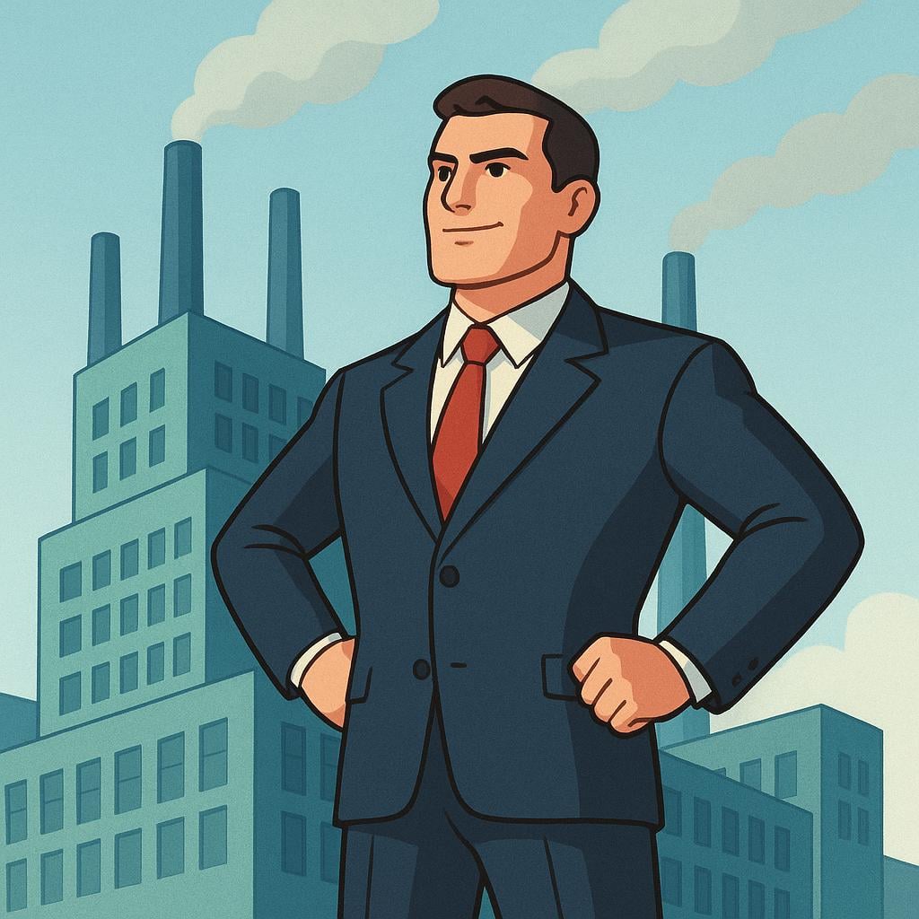 A powerful industry magnate wearing a sharp business suit, standing confidently with his hands clasped in front of a stylized, towering industrial building with smoke stacks.