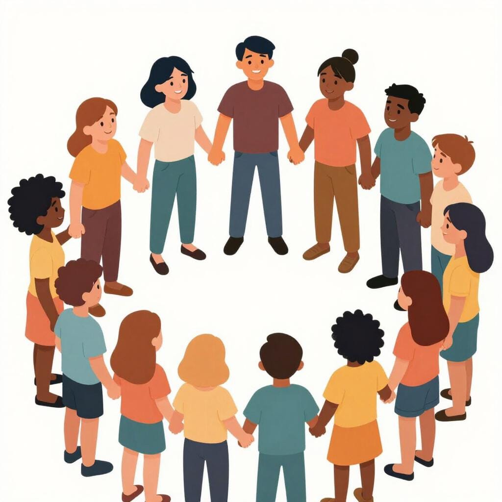 A group of diverse people from different cultures standing together in a friendly circle.