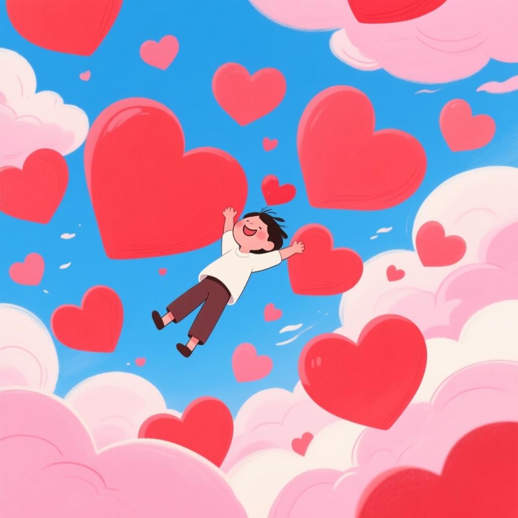 A cartoon person floating happily in the air, eyes closed, surrounded by many red hearts and pink clouds, symbolizing being lost in love.