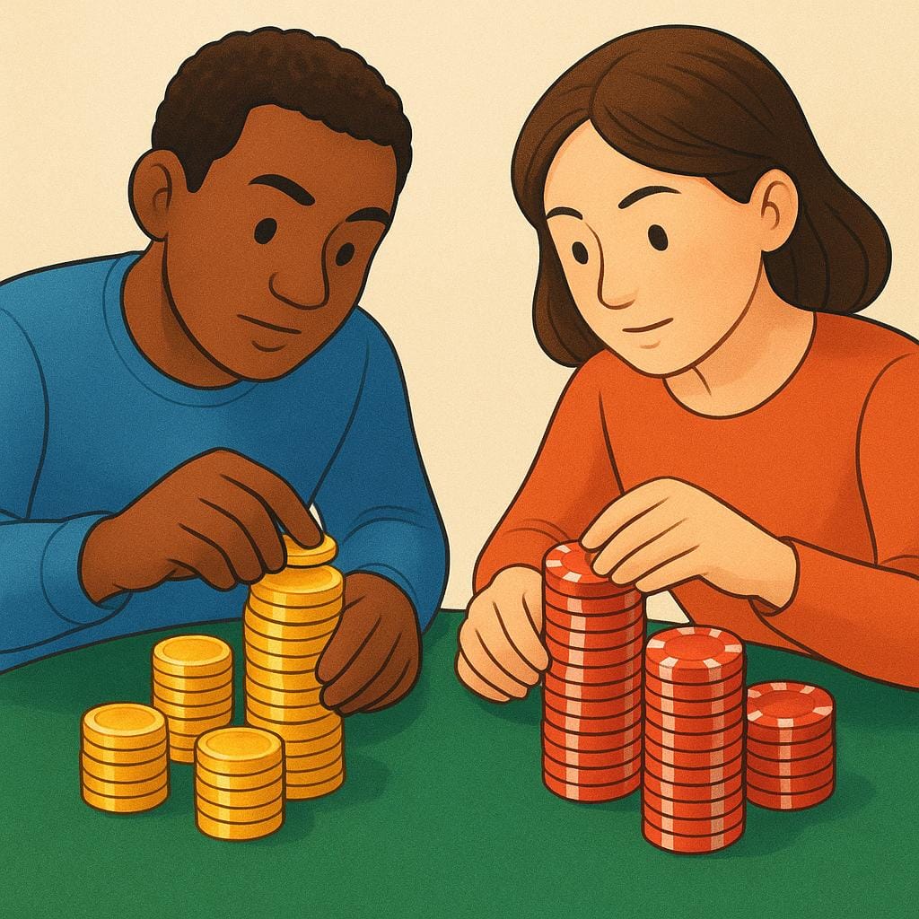 Two people betting money by placing stacks of red poker chips and gold coins on a green felt table.
