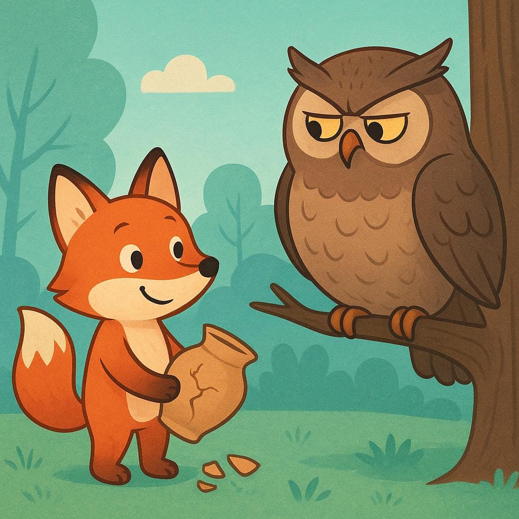 Een simplistische illustratie van een vos die een gebroken vaas achter zijn rug verbergt terwijl hij onschuldig praat tegen een grote, achterdochtige uil, wat een leugen symboliseert.