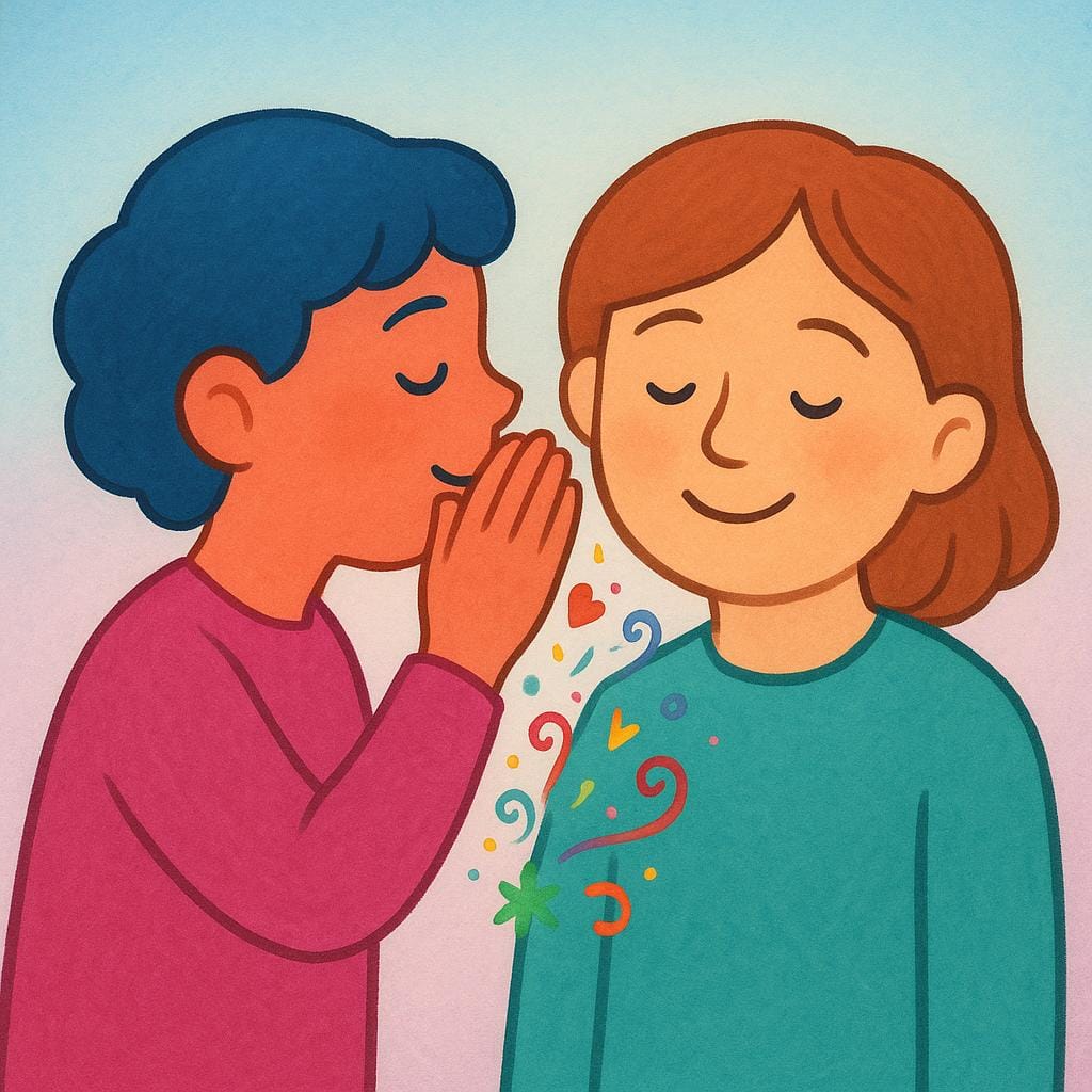 A colorful storybook illustration showing two stylized figures leaning close together, one whispering a secret into the other's ear. Small, colorful shapes emanate from the whisperer's mouth, symbolizing the spread of unverified stories.