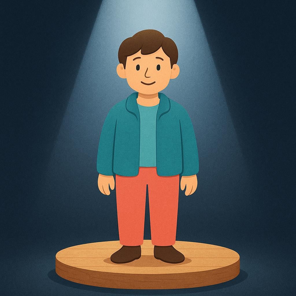 A single person standing on a small wooden stage, brightly lit by a focused beam of light from above, symbolizing being well-known.