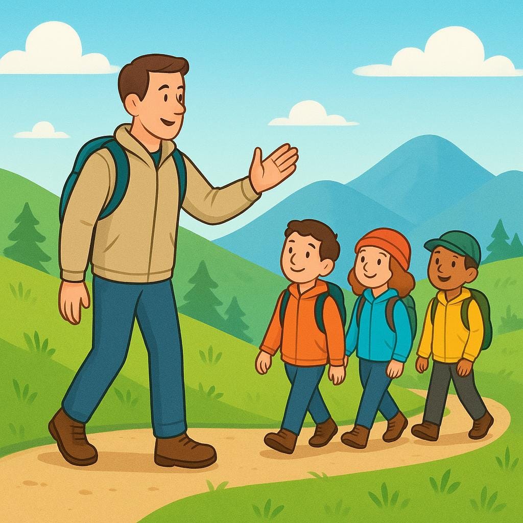 An adult hiker standing on a well-defined mountain path, looking back and gesturing forward, leading a group of three younger hikers who are following behind.