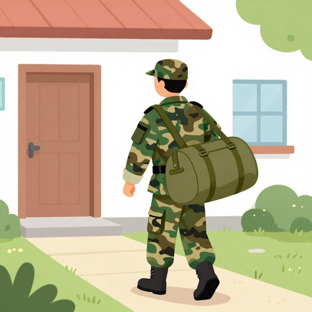 A person in a simple military uniform walking away from a base with a duffel bag.