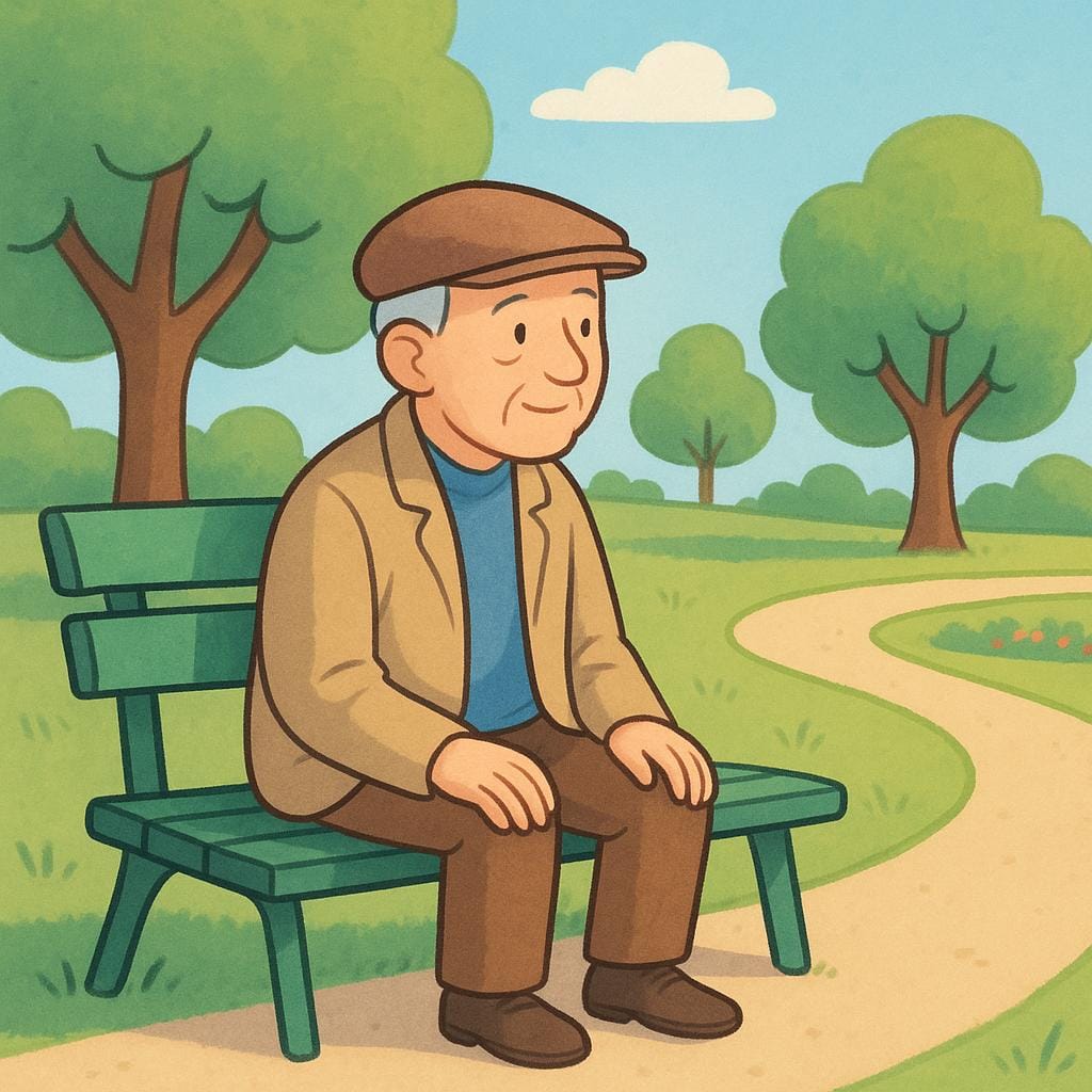 An elderly man sitting alone on a park bench, wearing a simple jacket and a hat, watching the surroundings.