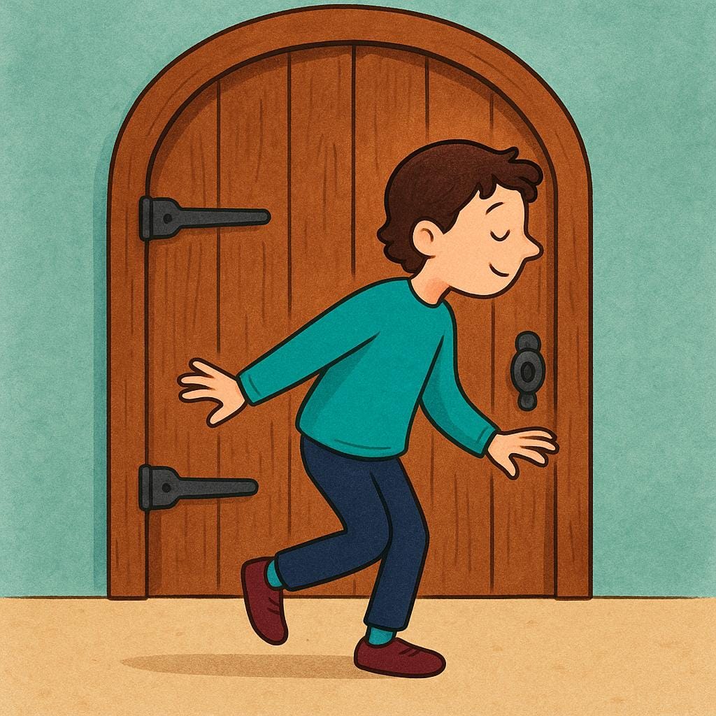 A person is tiptoeing carefully sideways, keeping their body turned away from a large, imposing closed wooden door, deliberately avoiding interaction with what is inside.