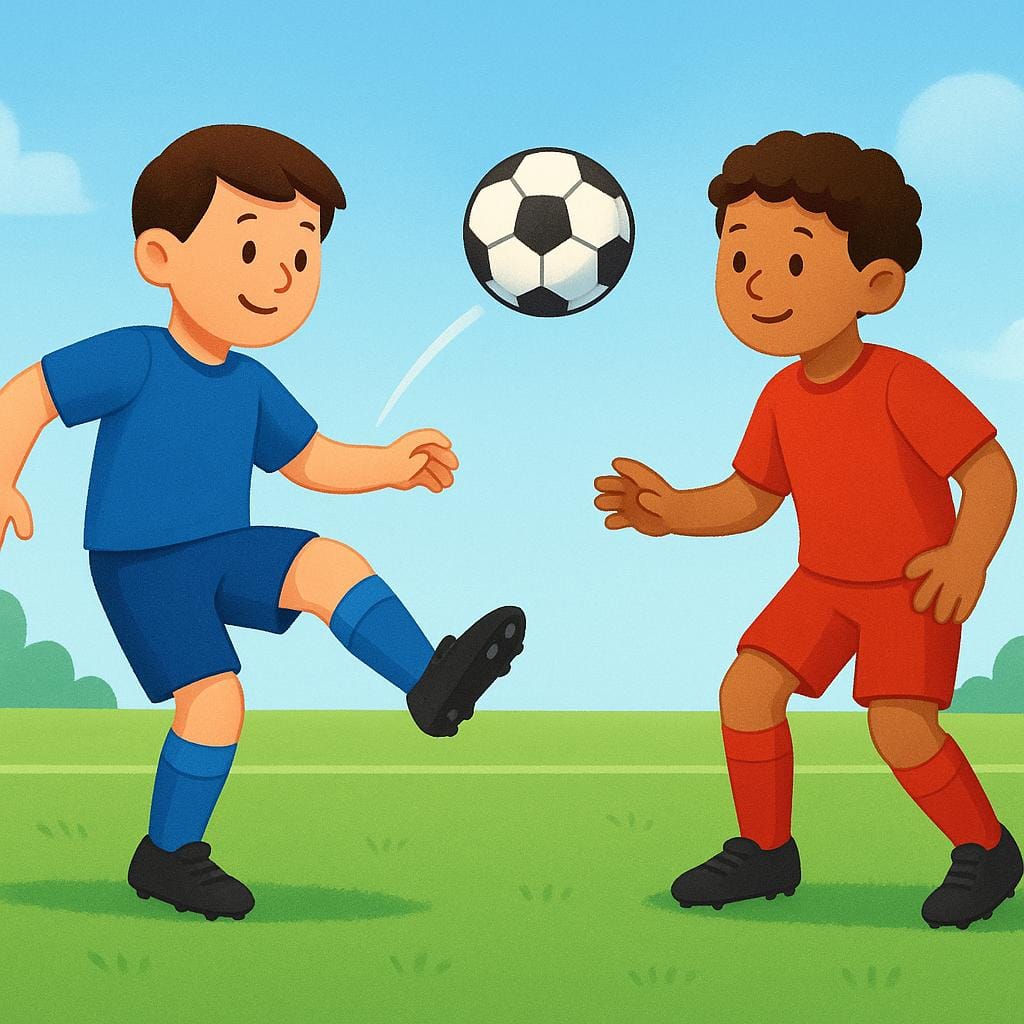 A colorful illustration showing two young players in red uniforms on a green soccer field, engaged in kicking a ball.