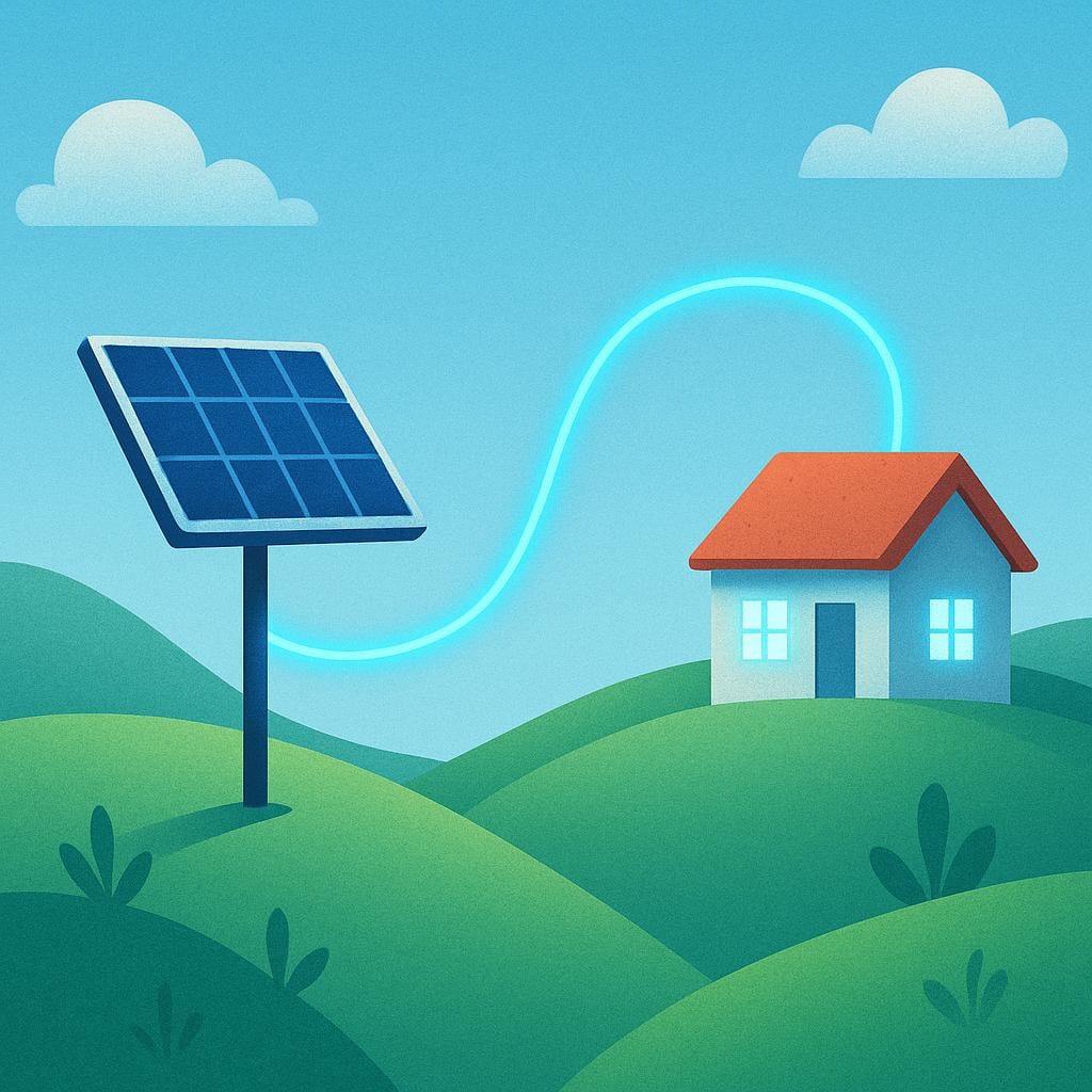 A brightly illustrated scene showing a solar panel on a hill generating electricity that powers a small house.
