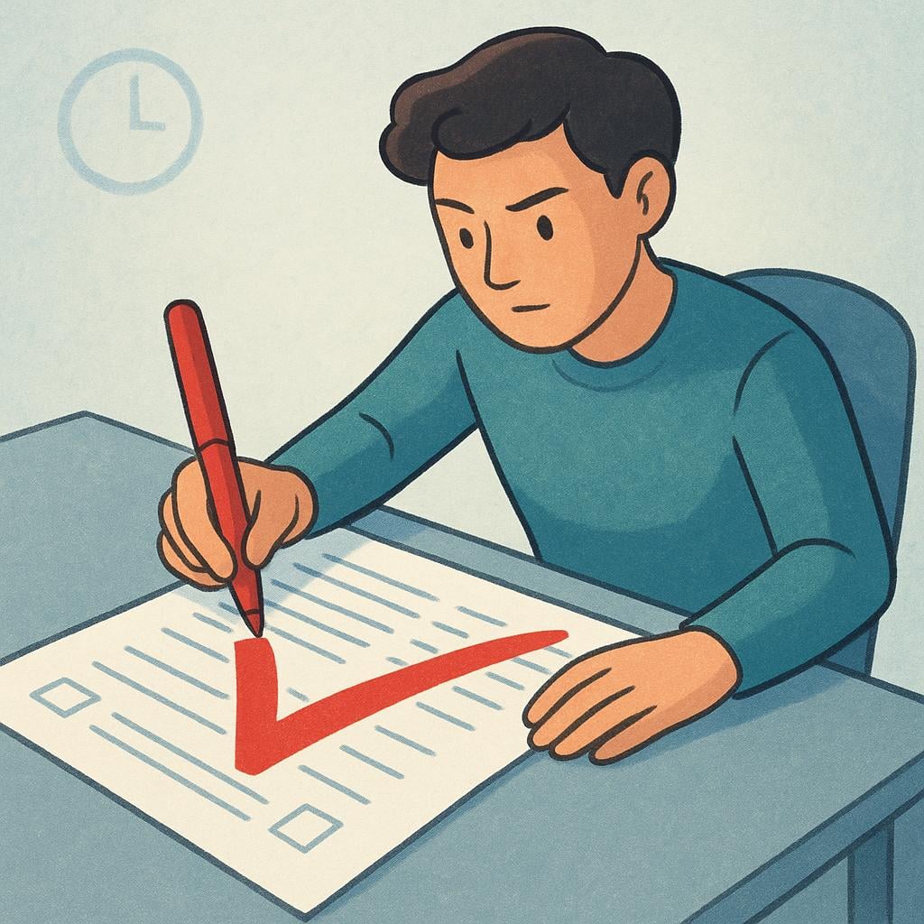 A stylized illustration of a person sitting at a large, simple desk, intently reviewing a document with a prominent red checkmark, symbolizing the function of oversight.