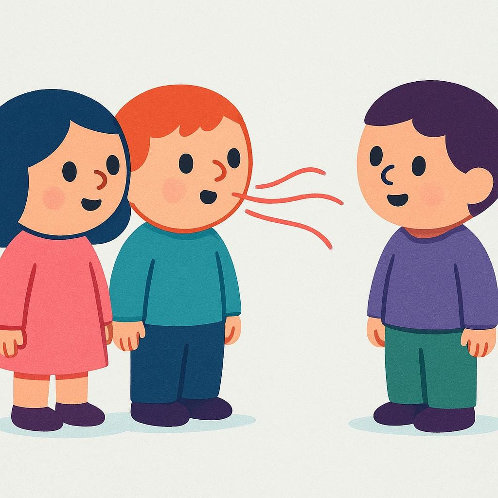 A high quality storybook illustration showing two friendly figures standing together, directing a visible, colorful sound wave towards a single listening figure, symbolizing a group communicating a past statement.