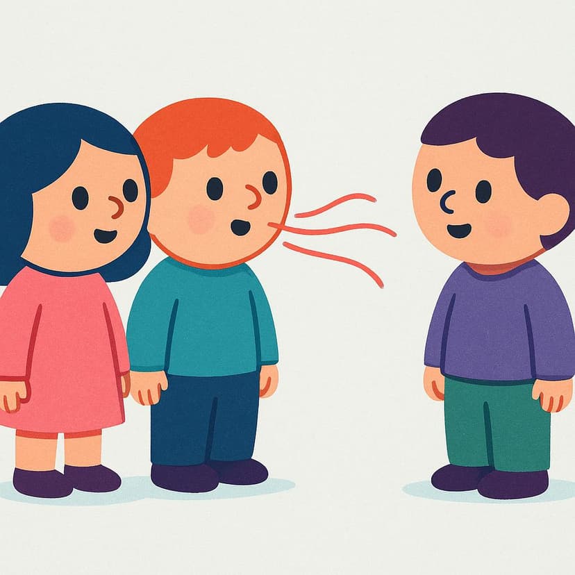 A high quality storybook illustration showing two friendly figures standing together, directing a visible, colorful sound wave towards a single listening figure, symbolizing a group communicating a past statement.