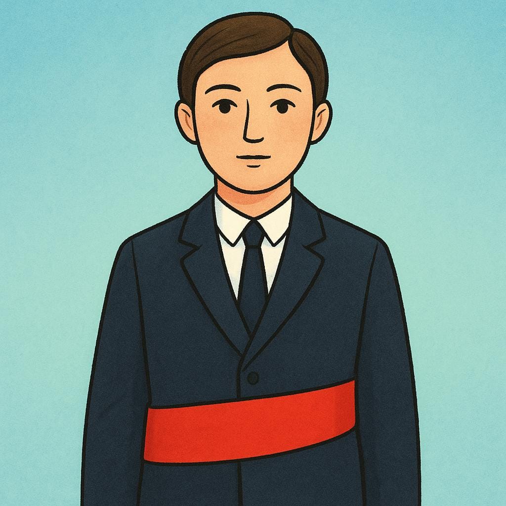 A dignified official wearing a formal dark suit and a bright red ceremonial sash diagonally across their chest, signifying a high-ranking title.