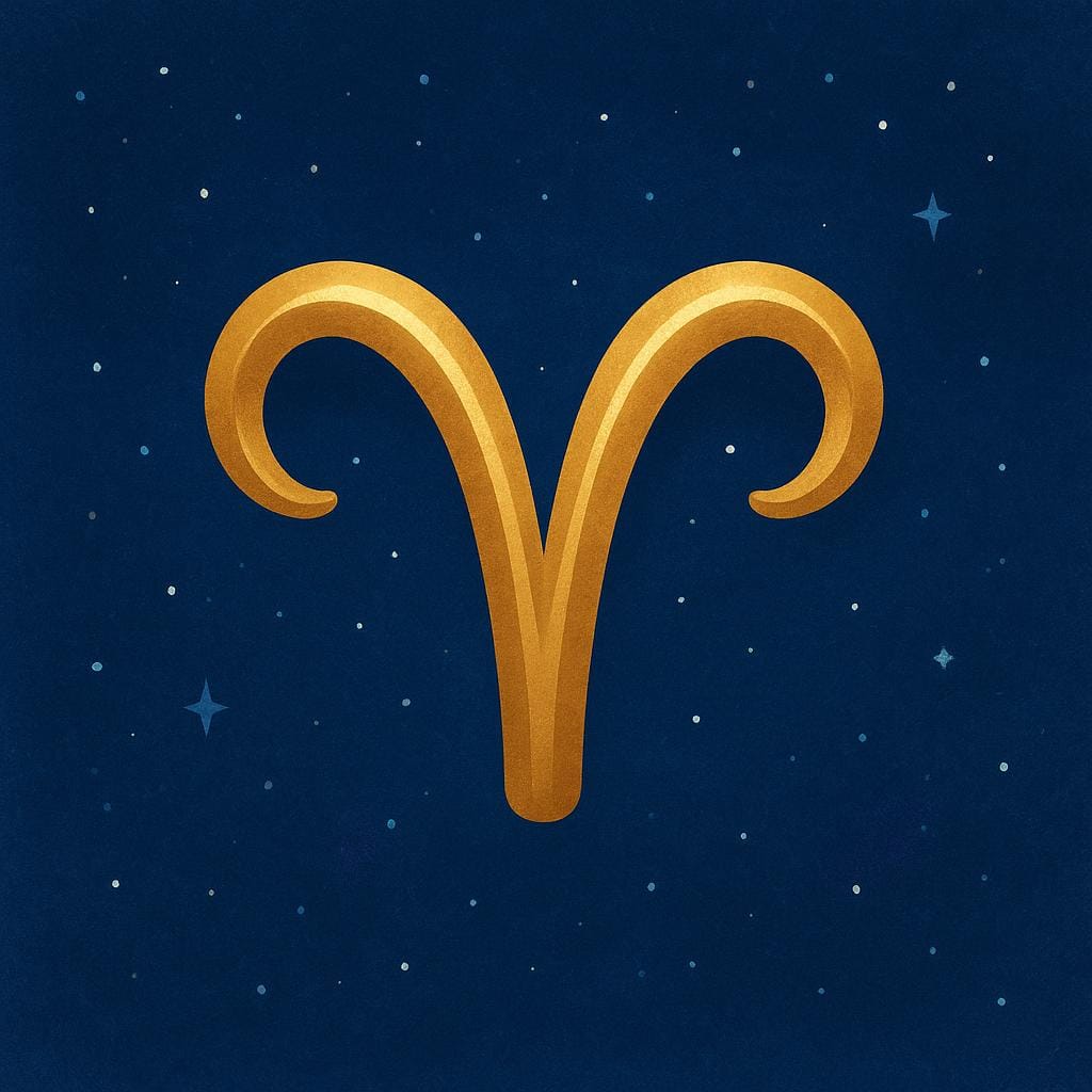 Un semplice simbolo dorato stilizzato che raffigura il segno zodiacale dell'Ariete (corna di ariete) che fluttua su uno sfondo di cielo notturno stellato blu profondo.