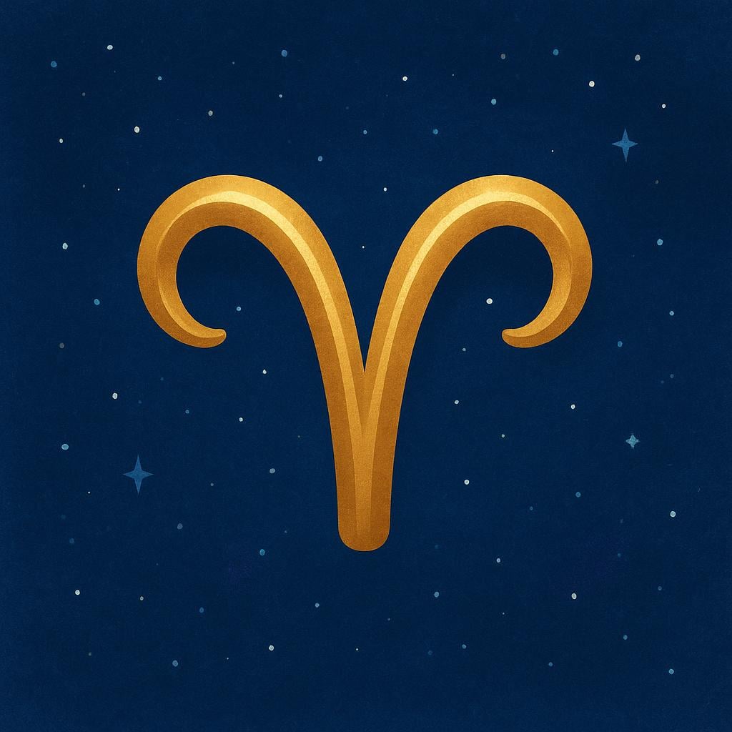 A simple, stylized golden symbol depicting the Aries zodiac sign (ram horns) floating against a deep blue starry night background.