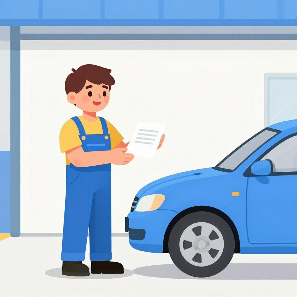 Un mécanicien remet un papier à un client à côté d'une voiture avec un panneau de prix clair.