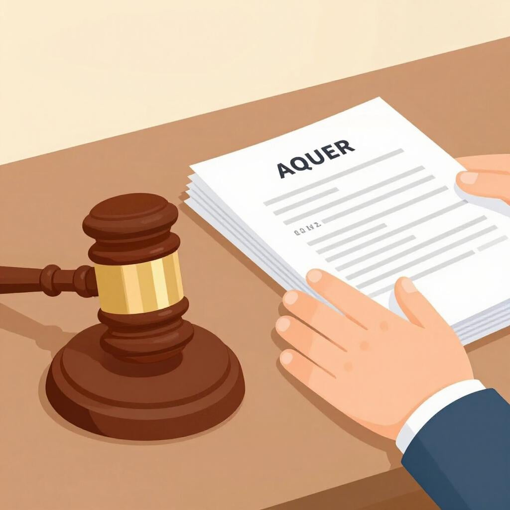 A wooden gavel resting on a desk with a hand pushing a stack of papers away.